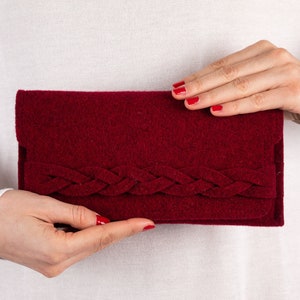 Felt long wallet woman in bordeaux with braid, wool red handbag clutch purse, slim bifold wallet, credit card holder, mother gift idea