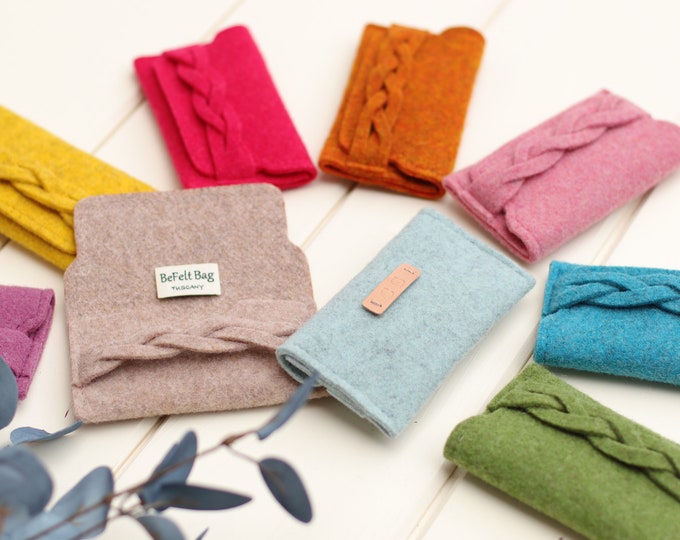 Credit card holder women, personalized small wallet for women monogram visit card holder in felt with braid, gift for bridesmaid