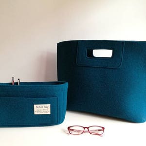 Bolsa azul casual elegante, bolsa de feltro verde-azulado, bolsa de lã, bolsa de mão, bolsa italiana, shopper, sacola de compras + organizador, bolsa na bolsa, inserção de bolsa de feltro