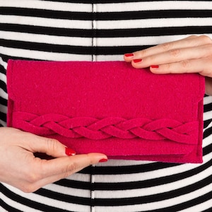 Felt long wallet woman in magenta with braid, wool fuxia pink handbag clutch purse, slim bifold wallet, credit card holder, mother gift idea