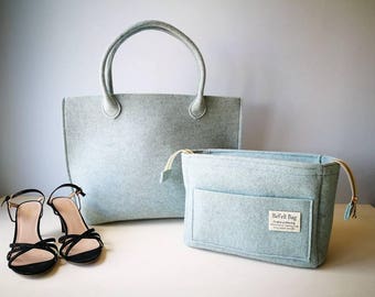 Elegant casual light blue bag, felt bag, wool bag, hand bag, Italian bag, shopper, shopping bag + organizer, blue bag in bag, felt insert