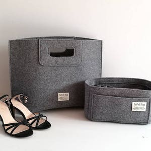 Bolsa cinza casual elegante, bolsa de feltro, bolsa de lã, bolsa de mão, bolsa italiana, shopper, sacola de compras + organizador, bolsa azul na bolsa, inserção de feltro