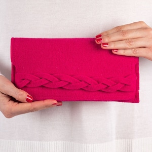 Felt long wallet woman in magenta with braid, wool fuxia pink handbag clutch purse, slim bifold wallet, credit card holder, mother gift idea