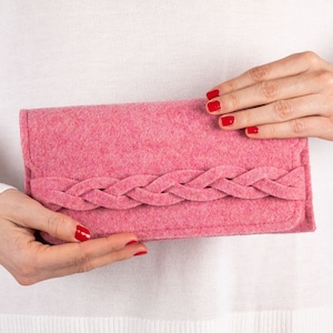 Felt wallet woman in pink felt with braid, wool clutch purse