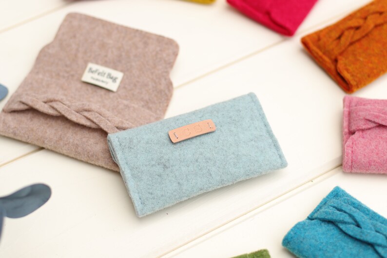 Wool felt credit card holder women grey, personalized small wallet for women monogram visit card holder with braid, gift for bridesmaid image 6