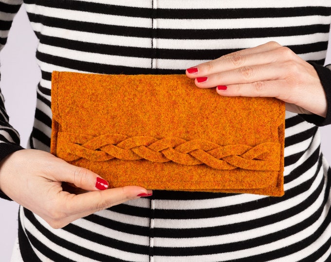 Burnt orange felt wallet with braid