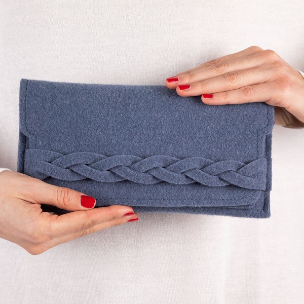 Long wallet woman in indigo blue wool felt with braid, light blue handbag clutch purse, bifold wallet, credit card holder mother gift idea