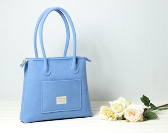 Women shoulder felt bag, light blue bag for girl, laptop bag with zip, long handles everyday handbag, shopper, large shopping bag cornflower