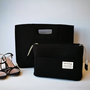 Elegant casual black bag, felt bag, wool bag, hand bag, Italian bag, shopper, shopping bag + organizer, black bag in bag, felt bag insert