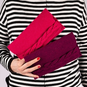 Felt long wallet woman in magenta with braid, wool fuxia pink handbag clutch purse, violet bifold credit card holder, mother gift idea