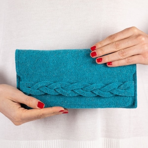 Felt wallet woman in light teal felt with braid, wool turquoise clutch purse, BeFeltBag