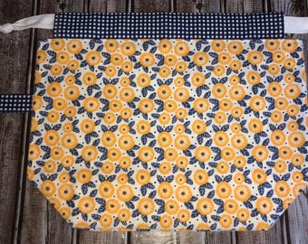 New! Large Drawstring Project Bag-Navy/Yellow Floral