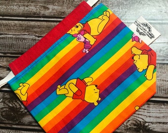 Small drawstring project bag, sock sack, sock knitting bag- Rainbow Pooh
