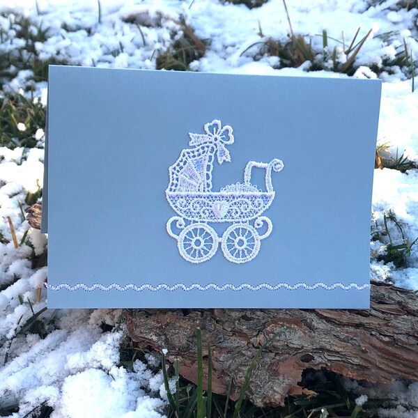 Baby stroller card | Blue handmade card with lace, welcome baby card, new mom card, welcome boy card, gift card for baby