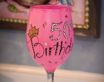 Hand Painted 50th Birthday Wine Glass