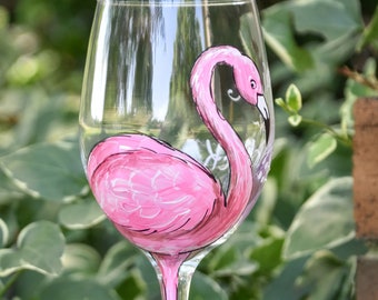 Hand Painted Pink Flamingo Wine Glass