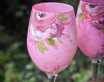 Hand Painted Floral Wine Glass