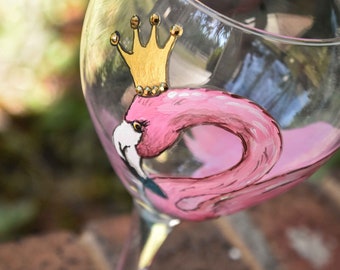 Hand Painted Crowned Pink Flamingo Wine Glass