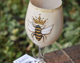 Hand Painted Queen Bee Wine or Champagne Glass