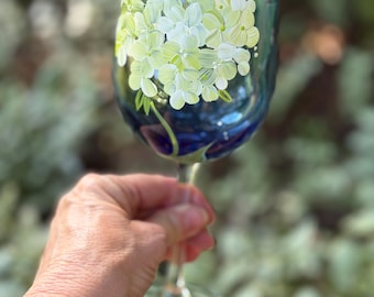 Hand Painted Cobalt Blue Glass with Hydrangea Design