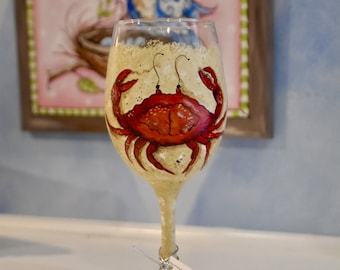 Hand Painted Red or Blue Crab Wine Glass
