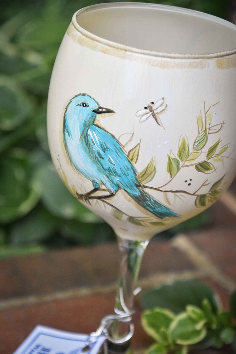Hand Painted Blue Bird Wine Glass Etsy