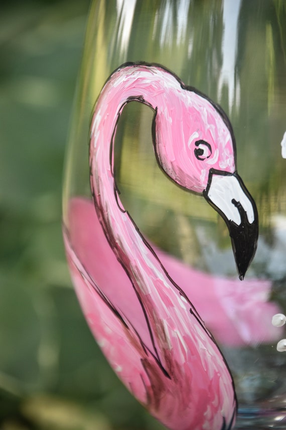 Verre à vin flamant rose peint à la main -  France