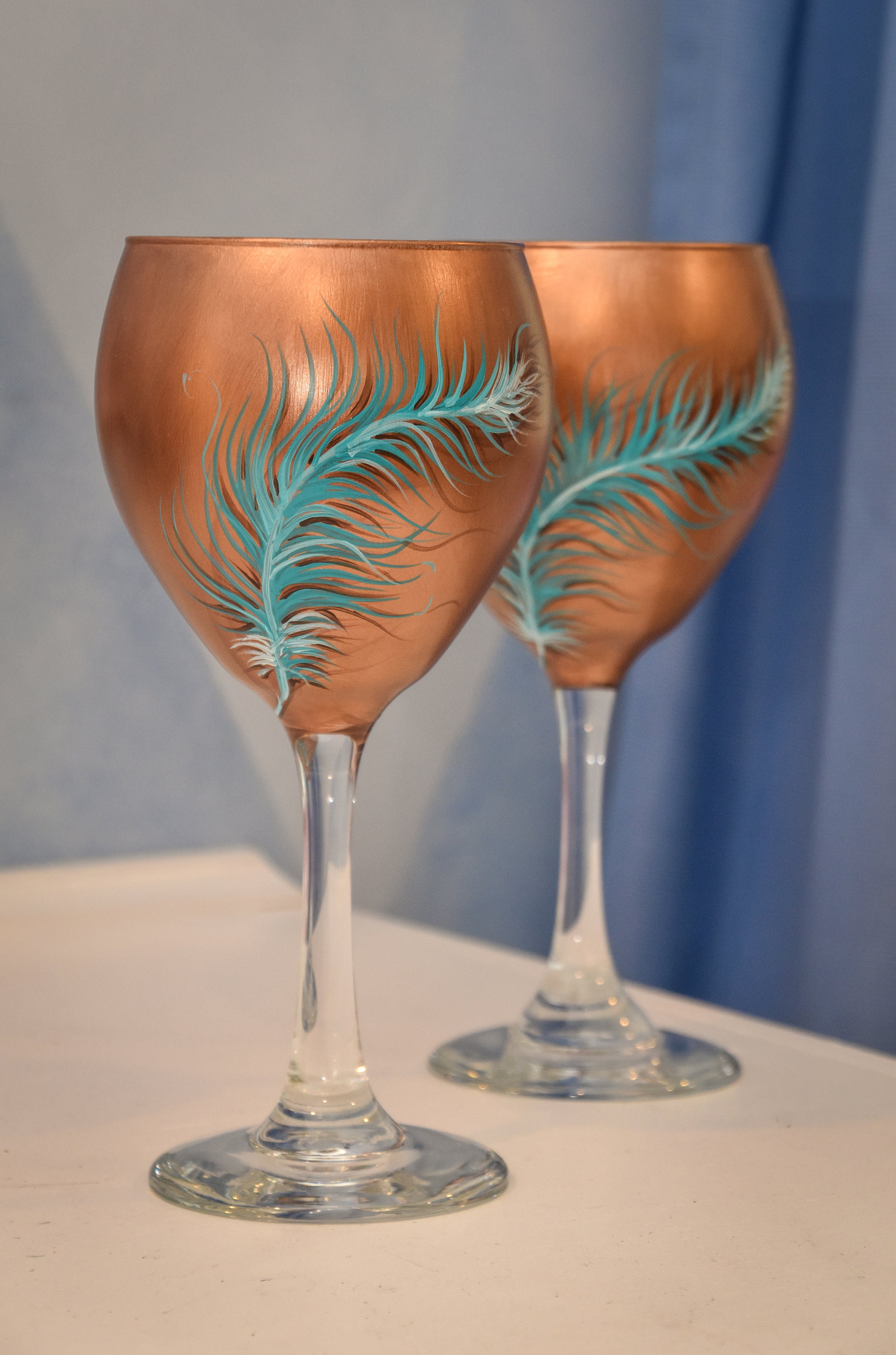 Hand Painted Feather Wine Glass Etsy