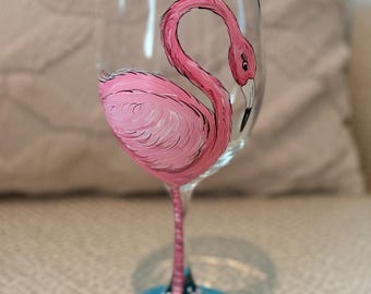 Hand Painted Pink Flamingo Wine Glass or Champagne Glass