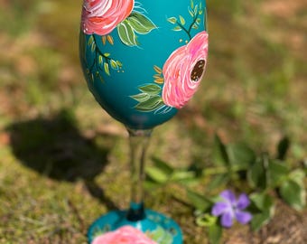 Hand Painted Teal & Floral Wine Glass