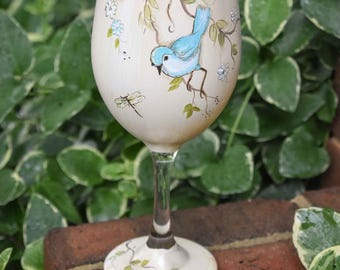 Hand Painted Blue Bird & Dragonfly Wine Glass