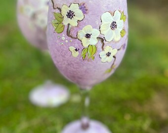 Hand Painted Lavender Floral Wine Glass