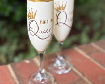 Hand Painted Birthday Queen Champagne Flute