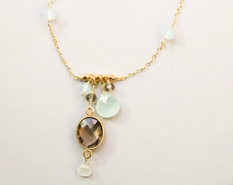 Smoky Quartz Crystal Necklace - Gold Bezel Necklace - Multi Gemstone Necklace - Perfect Jewelry Gift