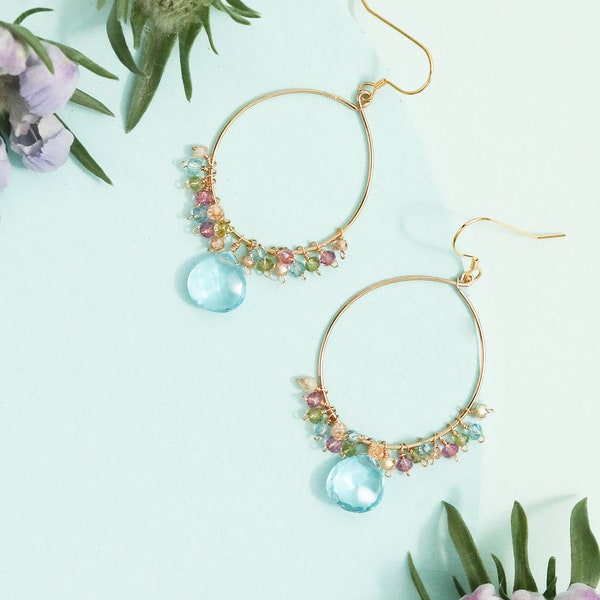 Aquamarine Gemstone Earrings - Gemstone Hoop Earrings - Birthstone Earrings