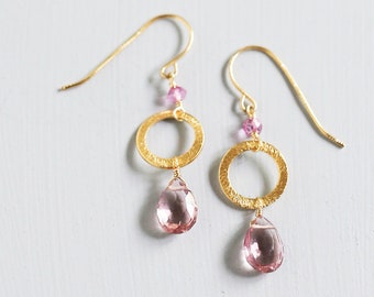 Pink Tourmaline Dangle Earrings - Small Pink Earrings - Pink Gemstone Earrings - Gift for Her