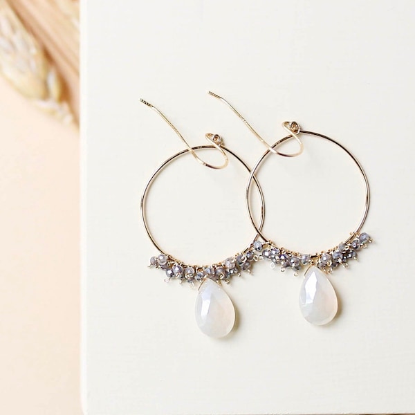 White Chalcedony Gold Hoop Earrings | Bridesmaid Gifts | Wedding Earrings