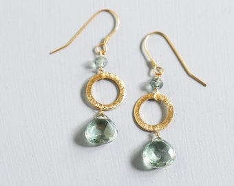 Green Amethyst Gold Drop Earrings for Women, Gift for Her, Small Gemstone Earrings