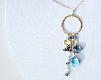 Blue Gemstone Gold Circle Layering Necklace for Women Iolite and Aqua Blue Quartz Pendant