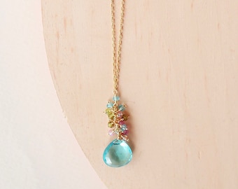 Aquamarine Quartz Necklace for Women | Blue Aquamarine Gemstone Cluster Necklace