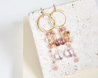 Pink Tourmaline Gemstone Statement Earrings | Pink Gemstone Boho Earrings