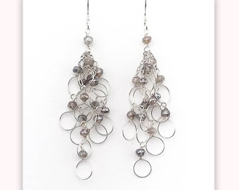 Long Labradorite Gemstone Earrings - Silver Statement Earrings - Chandelier Earrings