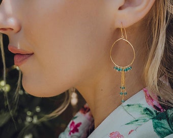 Gold and Aquamarine Gemstone Hoop Earrings
