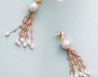 Modern Freshwater Pearl Dangle Earrings | Pink Tassel Earrings | Rose Quartz Earrings