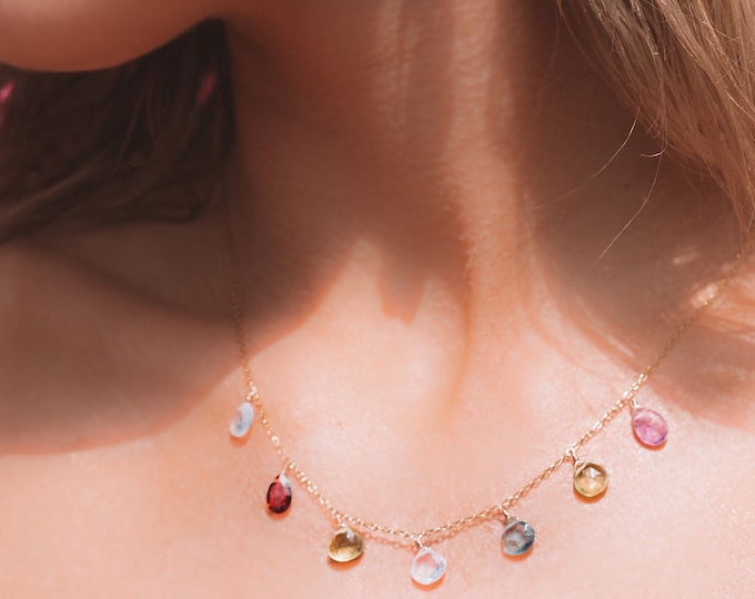 Rainbow Gemstone Necklace 14k Gold: Aquamarine, Amethyst, Peridot, Garnet, Iolite - Dainty Multi Gem Gift for Her