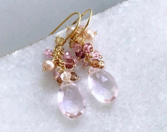 Pink Cluster Gemstone Earrings Gift for Women and Her, Womens Quartz Wedding Earrings Jewelry Gift, Wedding Proposal Gift Set for Women