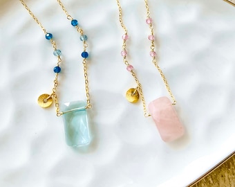 Aquamarine Gemstone Necklace, Rose Quartz Necklace: 14k Gold Plated, Birthstone Gift for Her