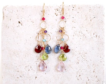 Rainbow Gemstone Chandelier Earrings: 14k Gold Plated Dangle Earrings