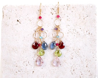 Gift for Her, Multicolor Chandelier Earrings, Multi Color Dangle Earrings, Rainbow Gemstone Statement Earrings, Wedding Earrings