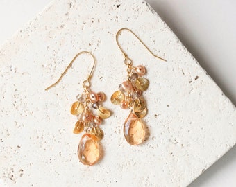 Citrine Dangle Earrings | Gemstone Cluster Earrings | Bridesmaid Gift | Minimalist Earrings | Citrine Jewelry | Dangle Drop Earrings